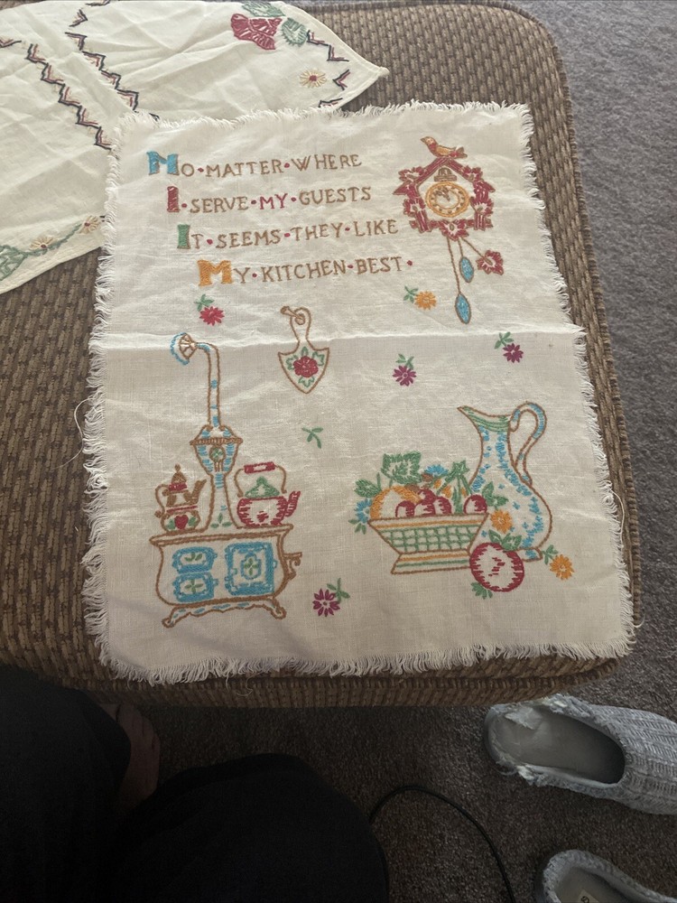 Embroidered Table Runner & Kitchen Wall Piece, Unfinished 2 Pc Linens Handmade