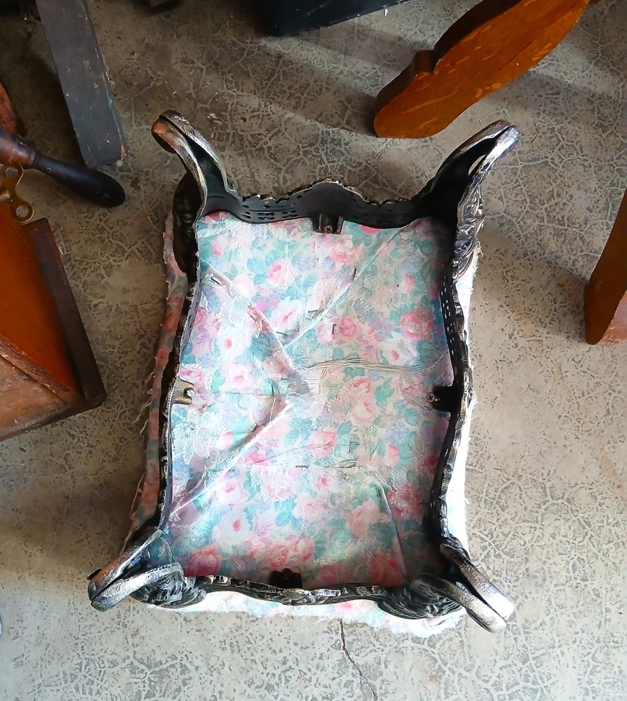 Vintage Upholstered Victorian Foot Stool with Cast Iron Base