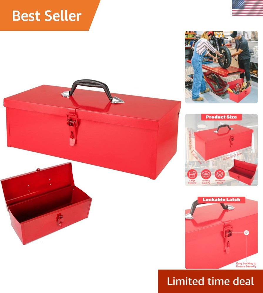 Durable 15-Inch Mini Steel Toolbox - Classic Red with Comfortable Grip Handle