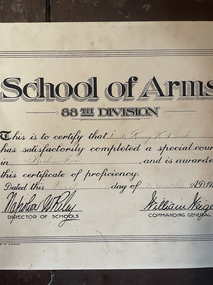 WW1 US Army 88th Division MG School Certificate