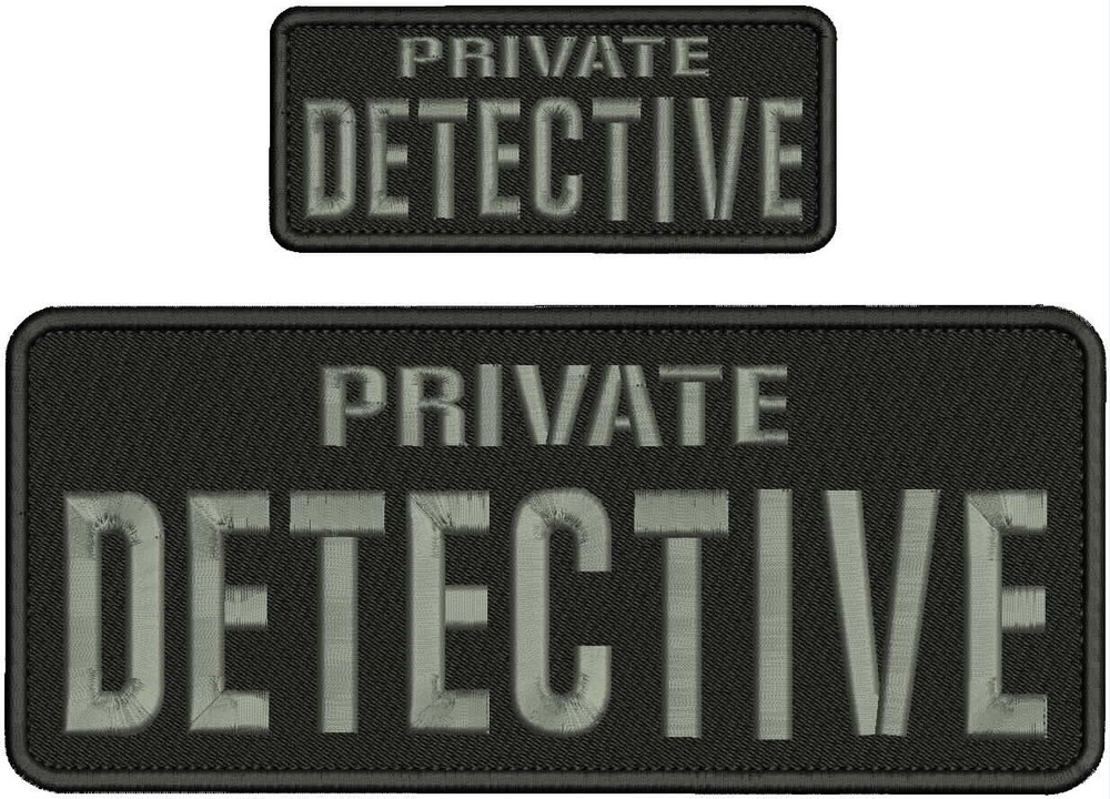 PRIVATE DETECTIVE EMB PATCH 4X10 AND 2X5 hook on back GRAY ON BLACK