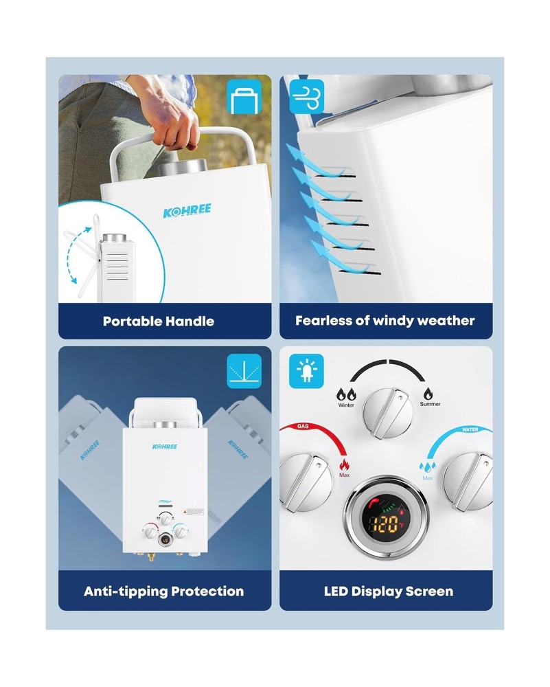 Kohree Tankless Water Heater Propane, 6L 1.58 GPM Portable Tankless Water Hea...
