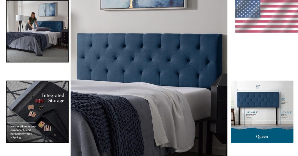 Luxurious Cobalt Upholstered Headboard with Diamond Tufting & Adjustable Height