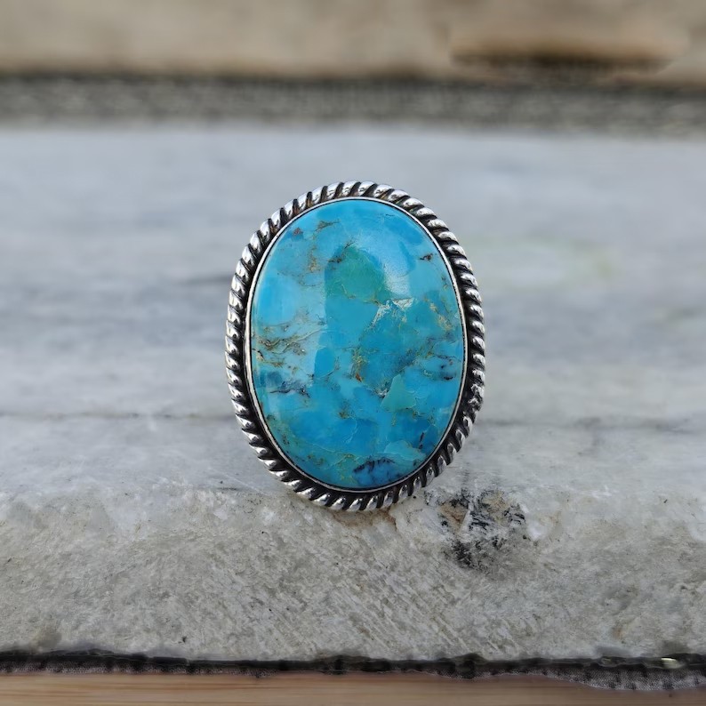 Solid 925 Sterling Silver Turquoise Large Oval Gemstone Boho Vintage Band Ring