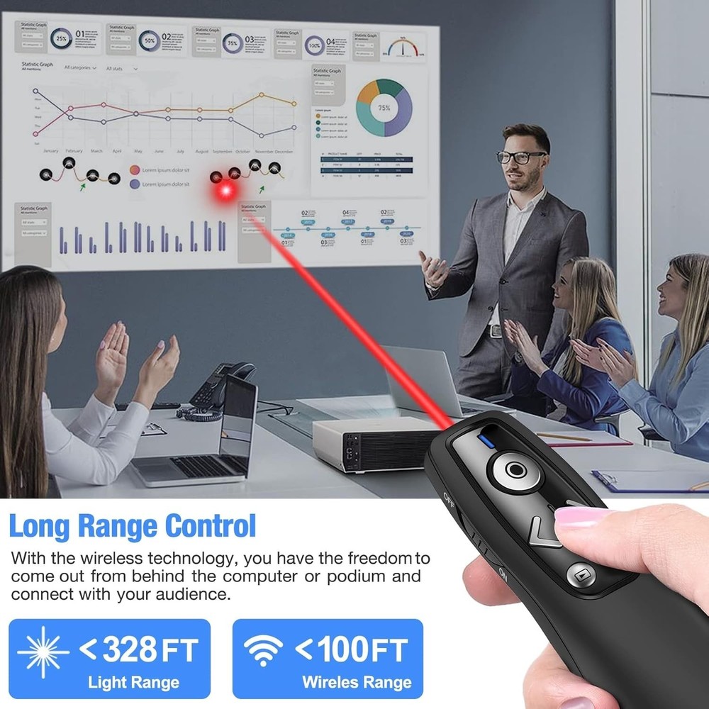 Long-Range PowerPoint Clicker with Hyperlink & Volume Control for Professionals