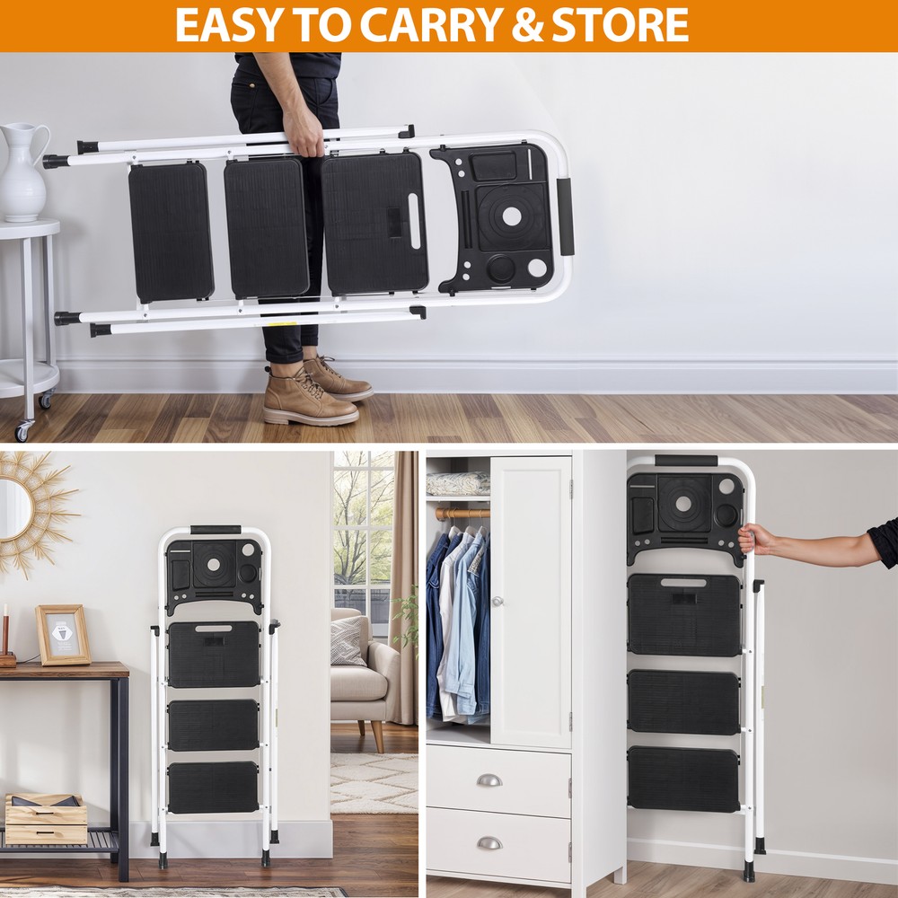 Step Ladder Sturdy 3-Step Ladder with Tool Platform Folding Ladder Lightweight