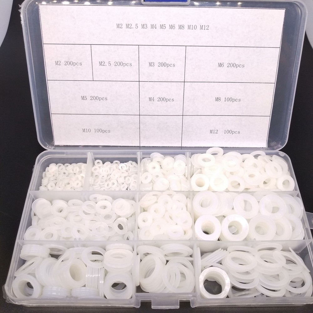 1500pcs White Nylon Flat Washers Assortment Kit