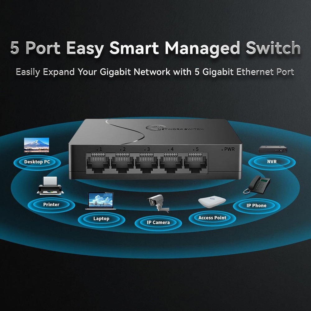 5 Port Easy Smart Managed Ethernet Switch Gigabit Switch, Network Hub, Black