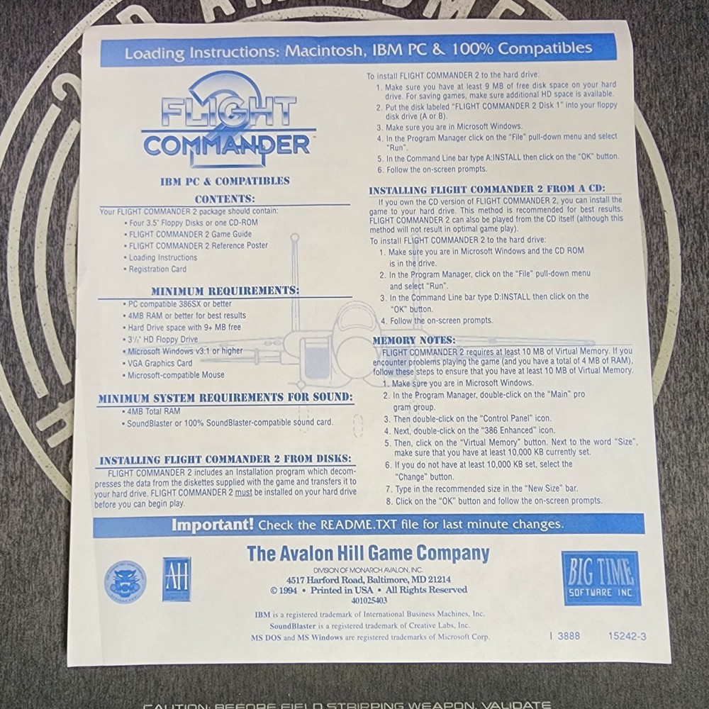 Vintage Flight Commander 2 PC Software Game Includes disks & Original Papers!