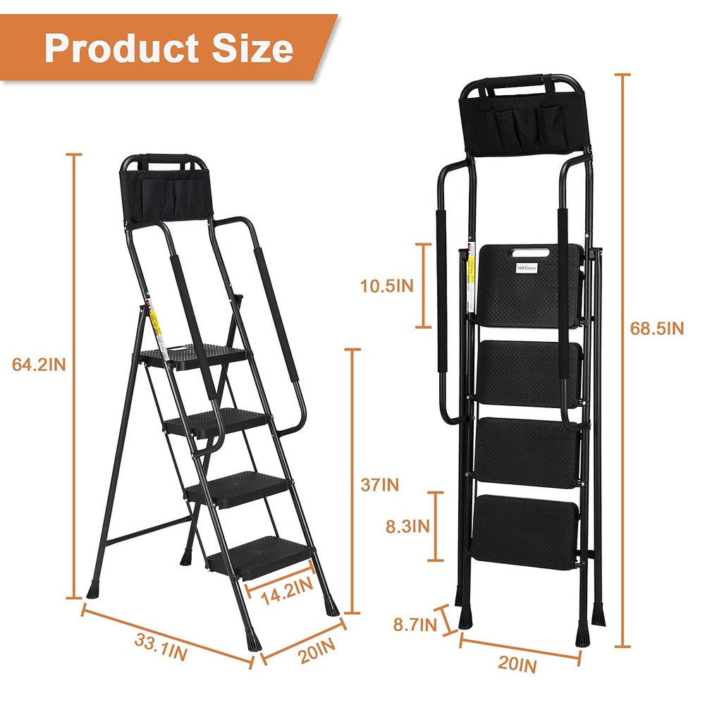 HBTower Step Ladder with Handrails, Folding Stool 4 Ladder, Black