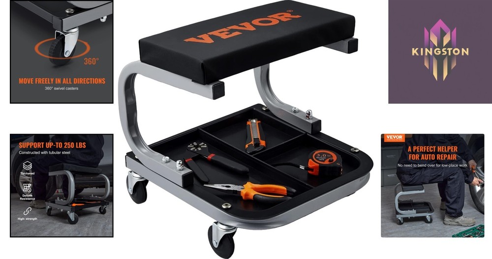 Padded Workshop Stool - 250LBS Rolling Stool with Tool Storage for Mechanics