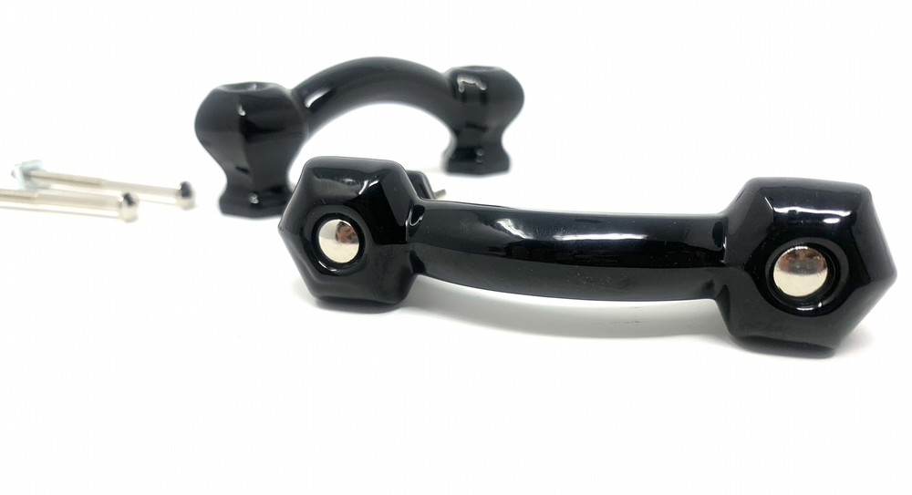 Hexagonal Bridge Handle Pulls-Ebony Black Glass (Two with Brushed Nickel Bolts)