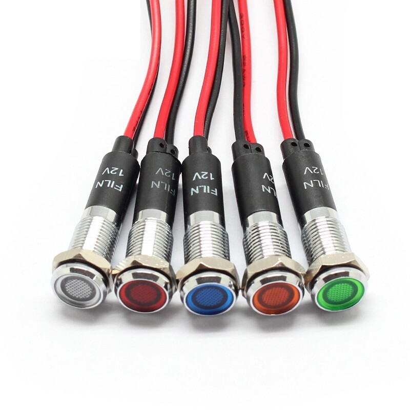 2Pieces 8mm metal LED Pilot Panel Dash Signal Indicator Warning light 20cm cable
