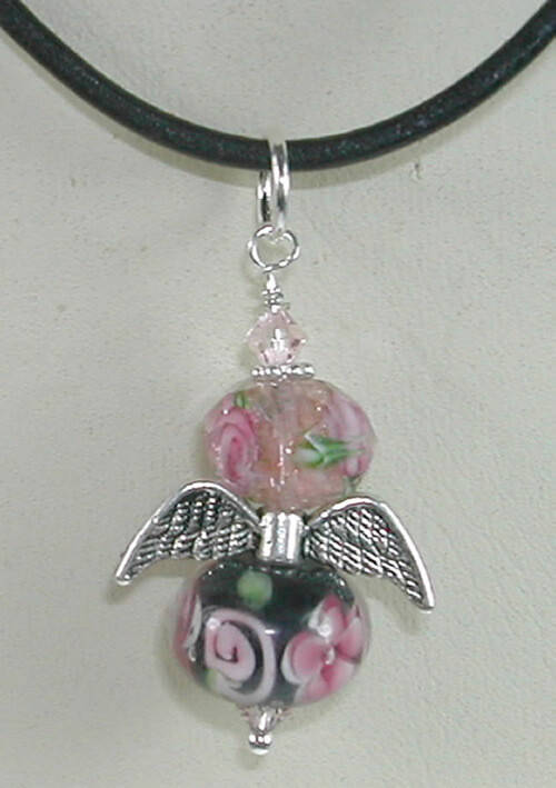 ARTISAN Angel Lampwork and Crystal Pendant on Leather Necklace