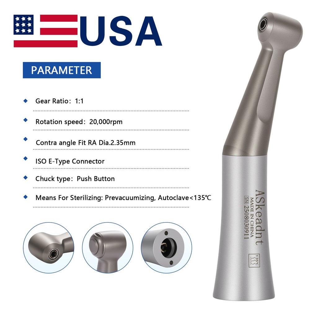 ASkeadnt Dental FX Contra Angle Low Speed Handpiece Push Button 1:1 E-type