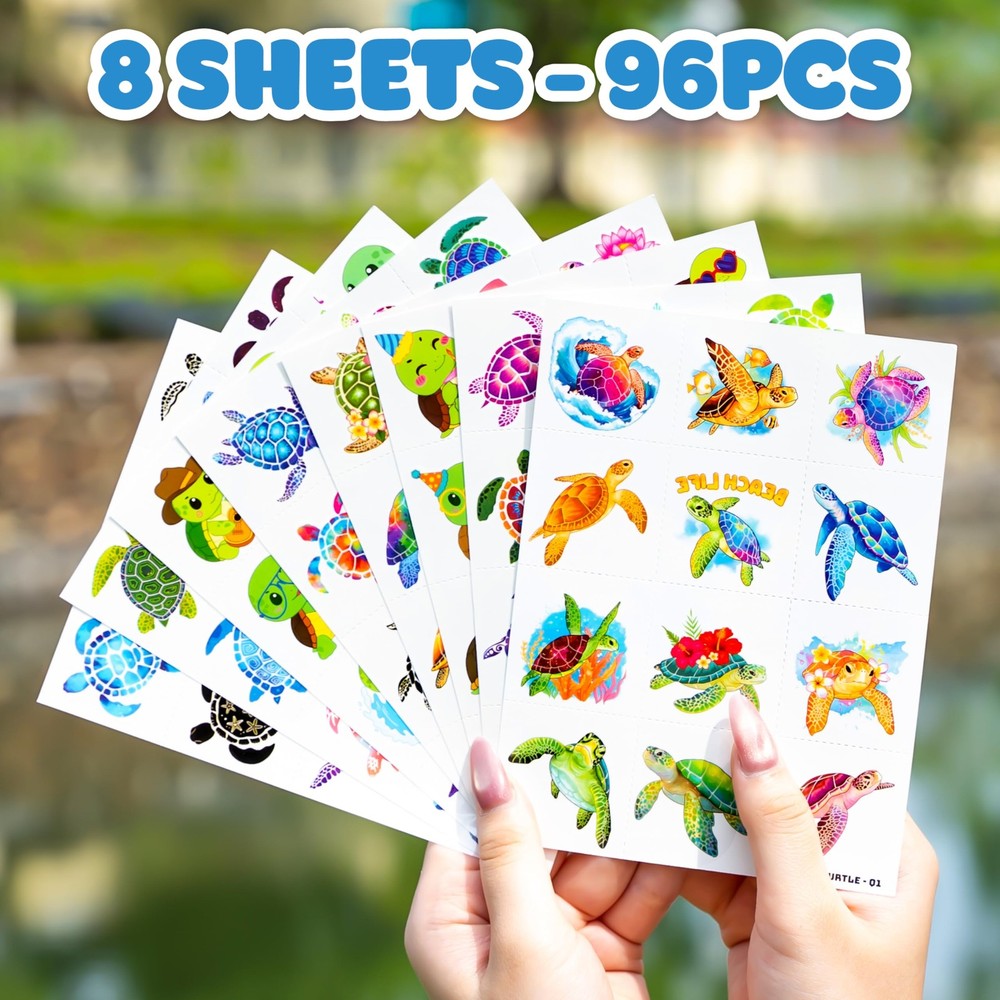96 PCS Turtle Pre-Cut Temporary Tattoos for Kids | Super Medium, multiple