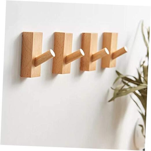 Adhesive Wall Hooks Hat Rack, Wooden Coat Hooks Wall 4Pack Rectangle-Beech