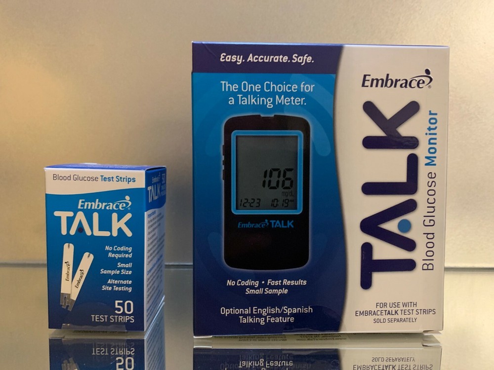 Embrace TALK Blood Glucose 50 Test Strips PLUS METER TALK.  EXP 02/2027