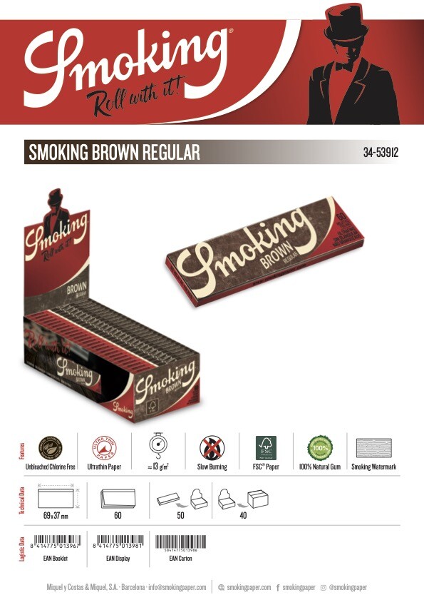Smoking Brown Rolling Papers Regular Single Wide (69mm) Size (5 Booklets)