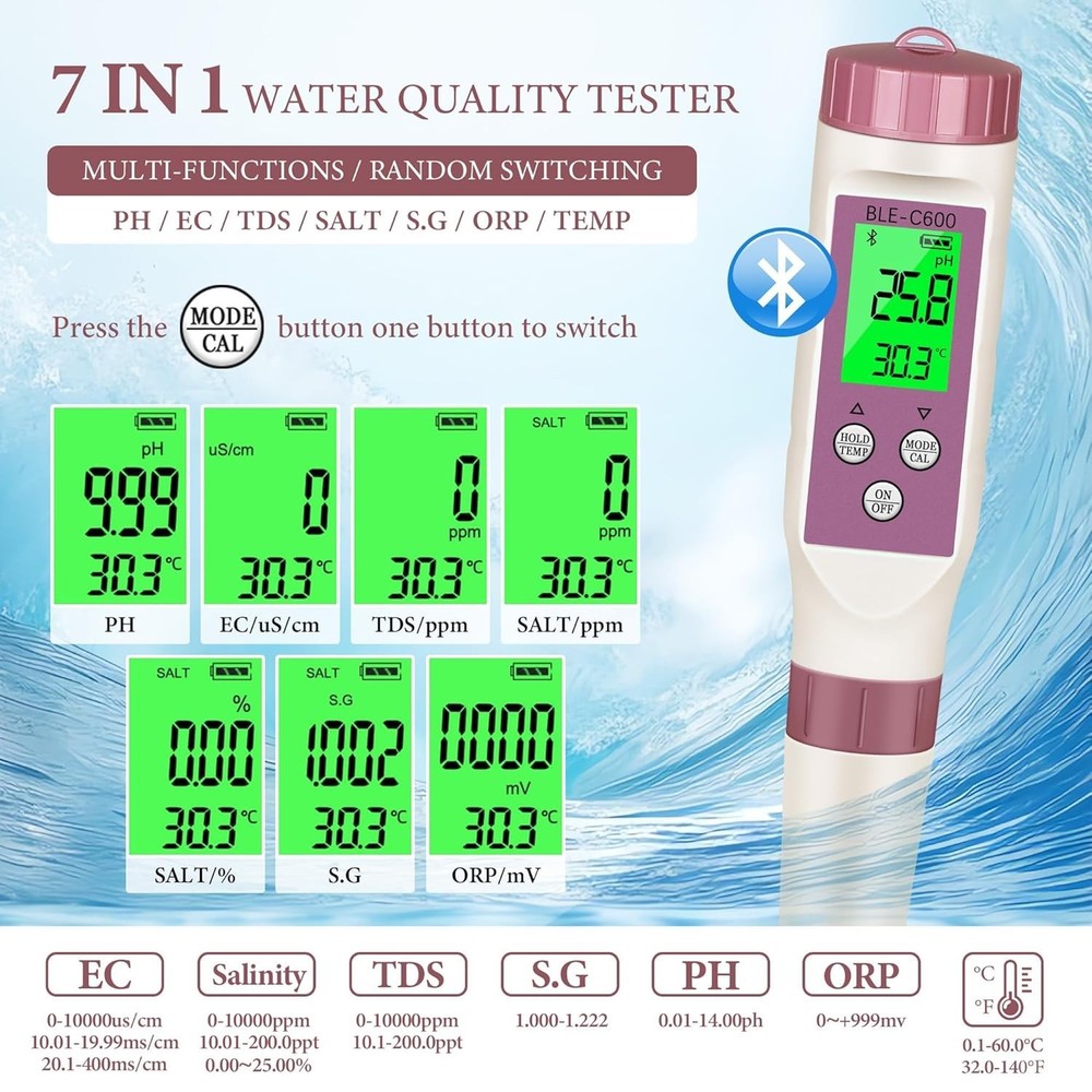 Multi-Function Water Tester with Bluetooth for pH, TDS, and Temperature Analysis