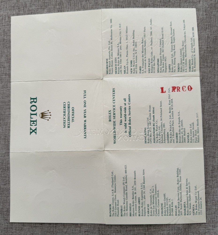 Vintage genuine Rolex Guarantee Date - Ref. 15210