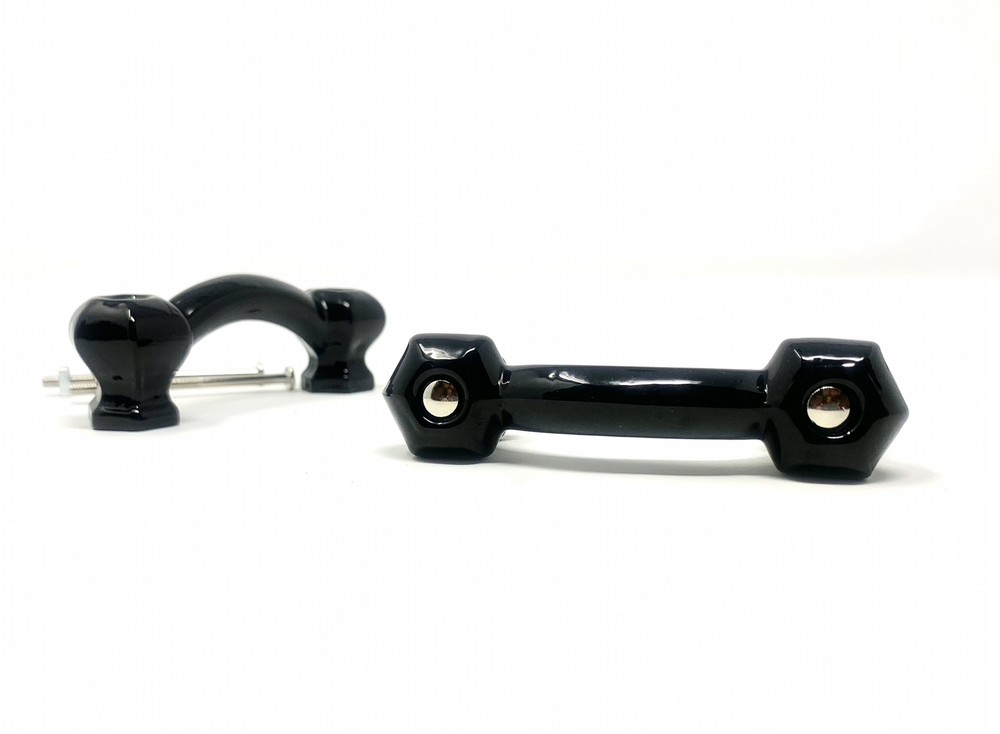 Hexagonal Bridge Handle Pulls-Ebony Black Glass (Two with Brushed Nickel Bolts)