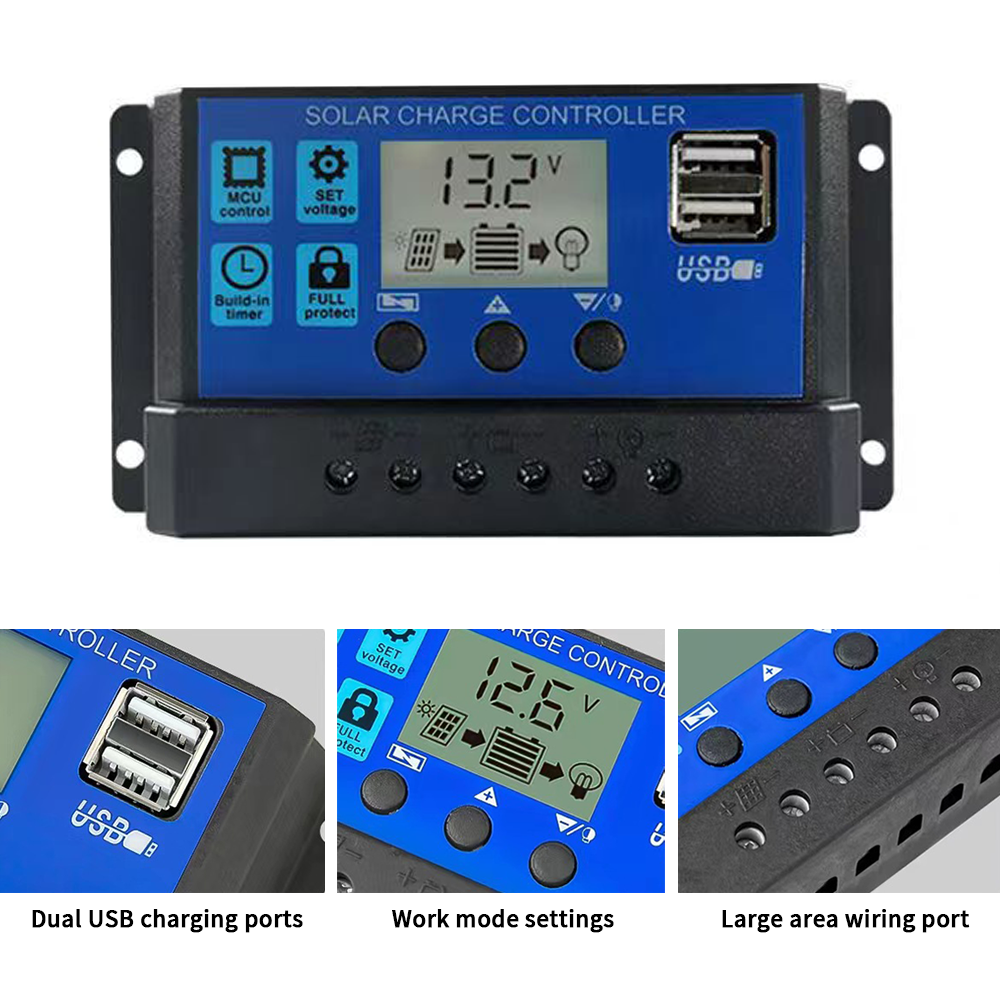 30A Solar Panel Battery Charge Controller 12V/24V LCD Regulator Auto Dual USB US