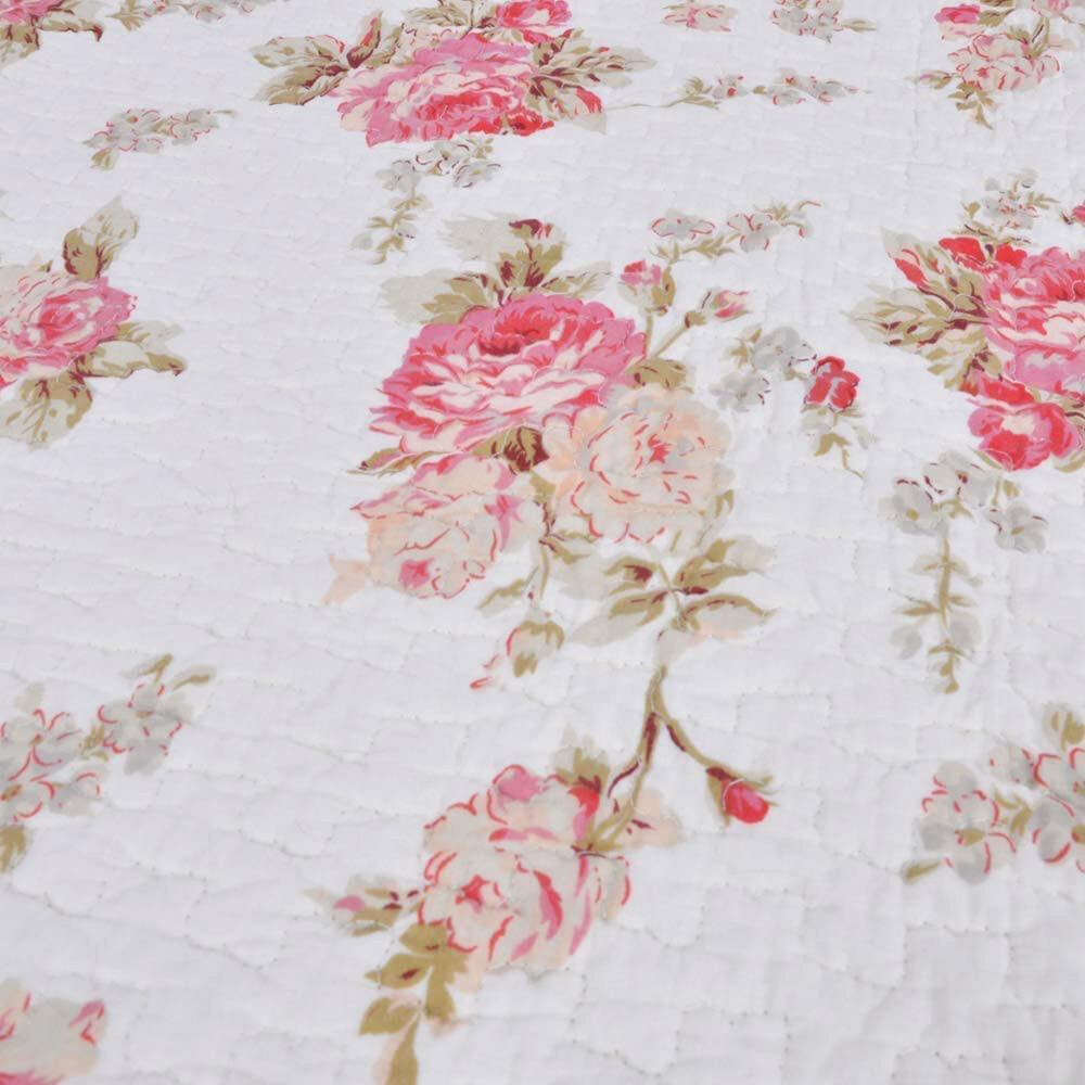 Spring Peony Pink Red Floral Printed Reversible Cotton Quilted Throw