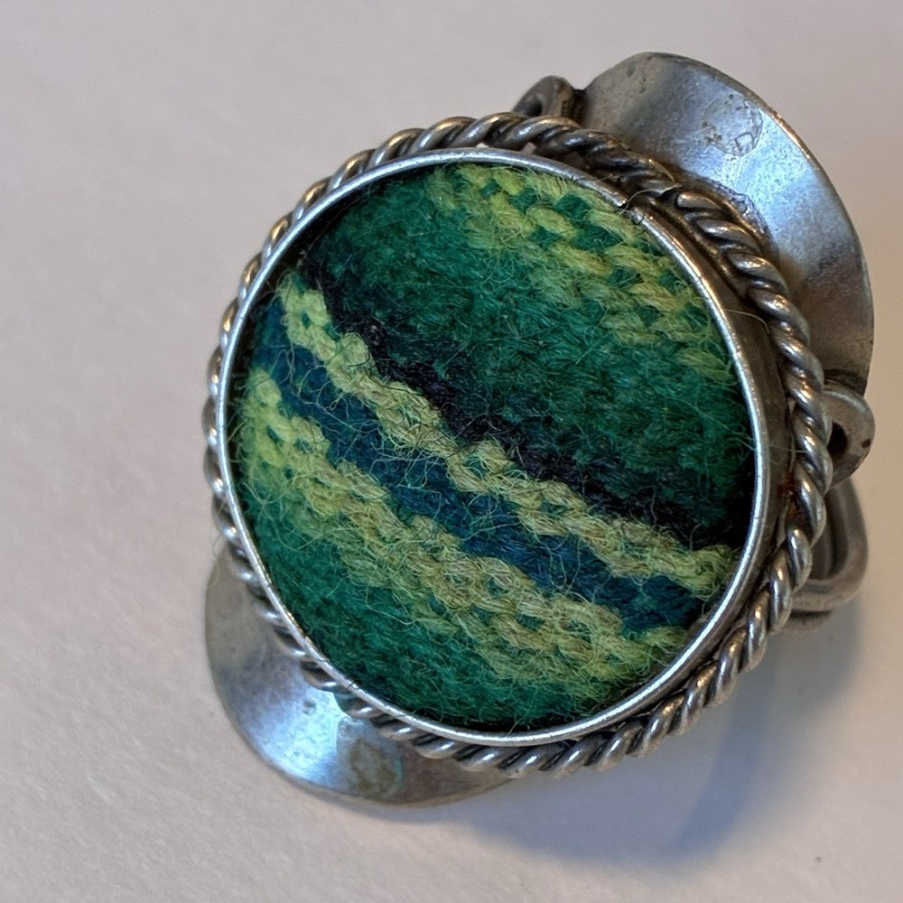 Boho Adjustable Green Woven Textile Ring with Twisted Rope Bezel Silver Toned