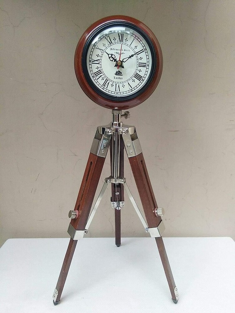 Wooden tripod stand antique look clock.