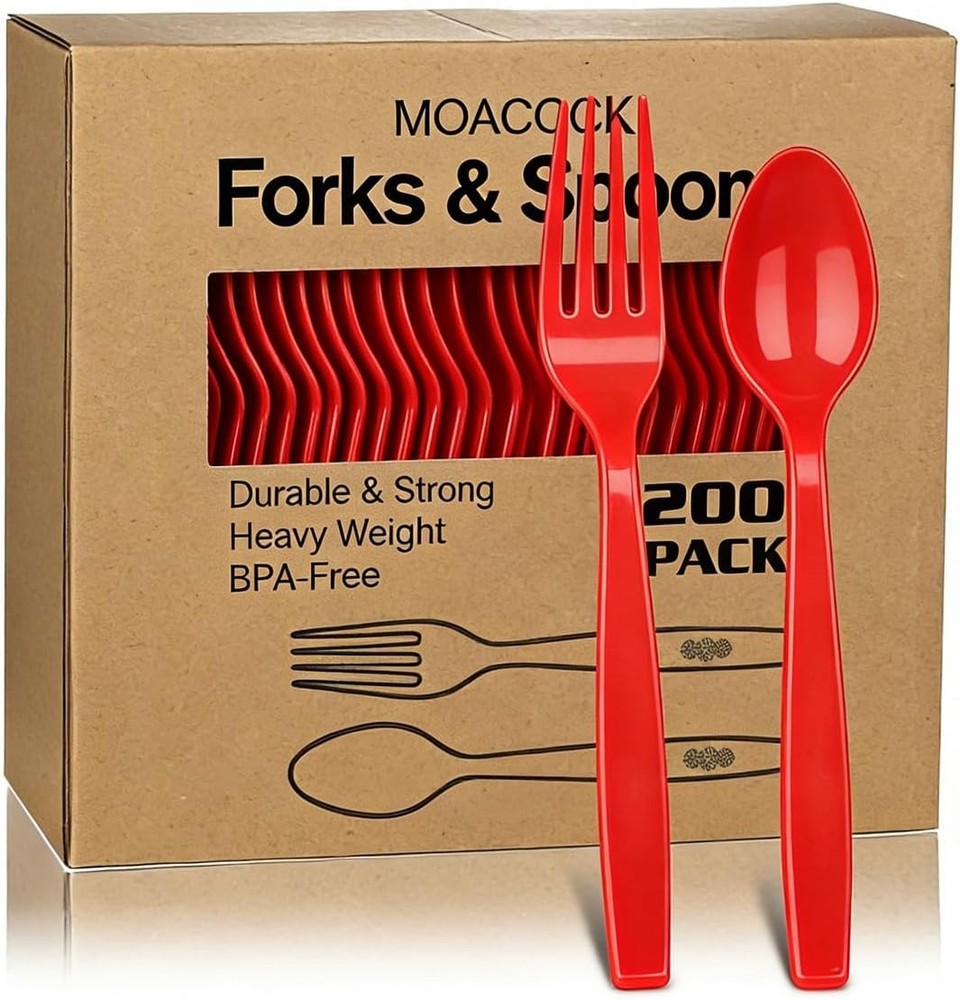 MOACO Red Plastic Sierware, Heavy Weight Plastic Forks Spoons