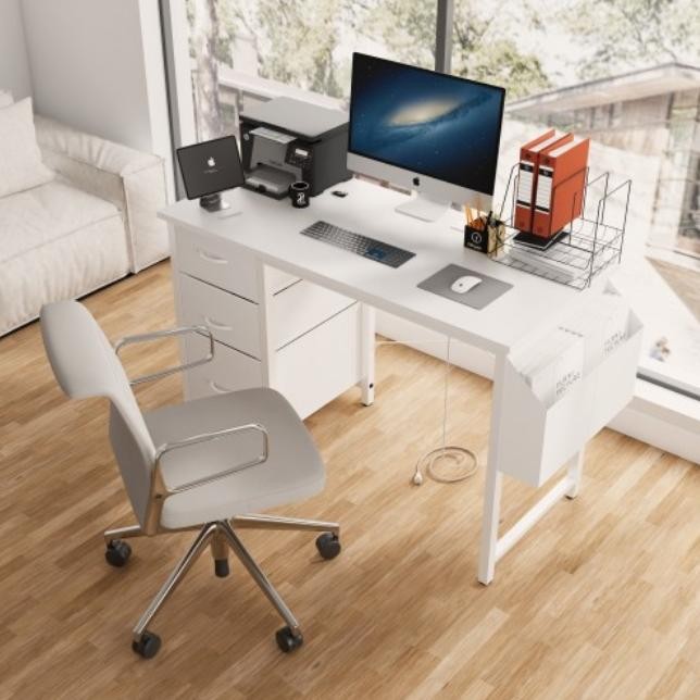 White 47.3" Home Office Desk USB Outlet 3 Storage Drawers Study Game Easy Assemb