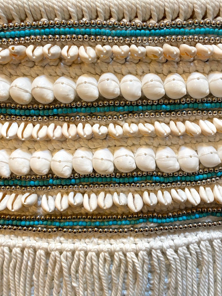 BOHO Handcrafted Wall Hanging Cotton Macrame w/Tassels Shells Blue/Silver Beads