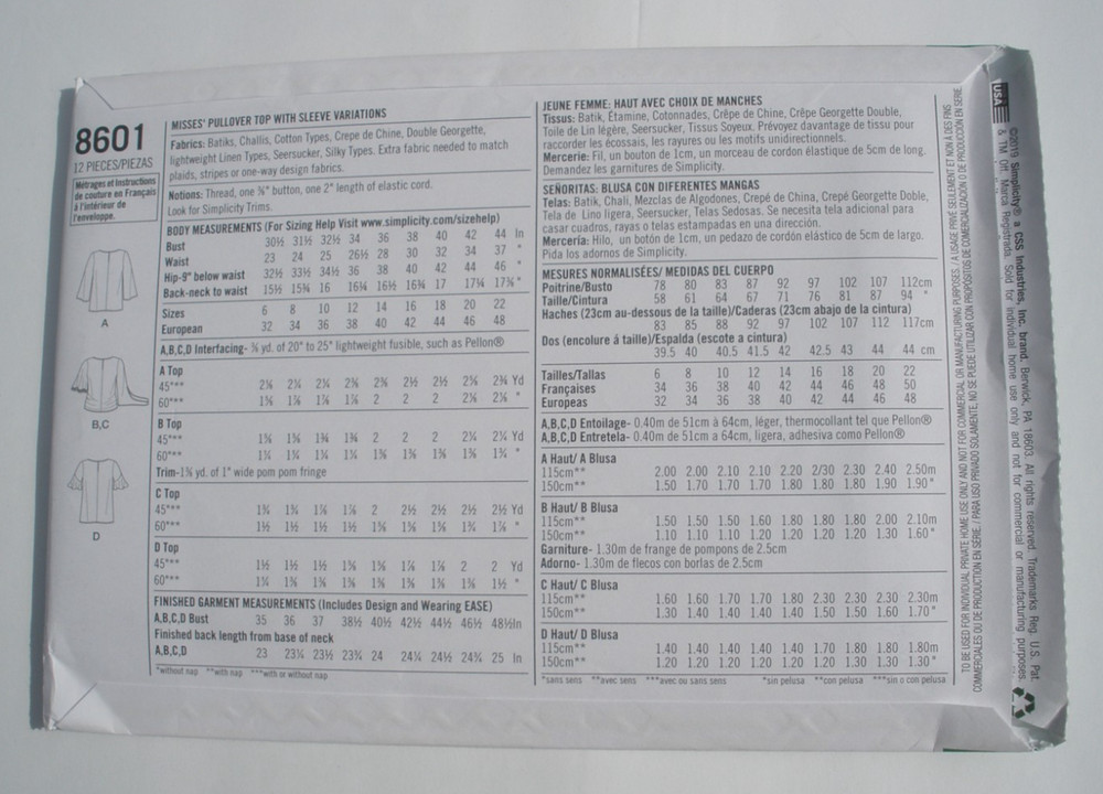 Simplicity Pattern 8601 Misses Pullover Tie Top / Sleeve Variations 6-14 Uncut