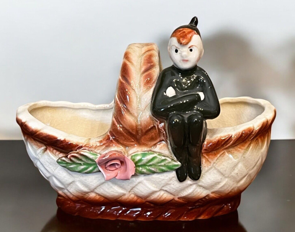 Vintage MCM Springtime Pixie Elf Ceramic Basket Planter Japan