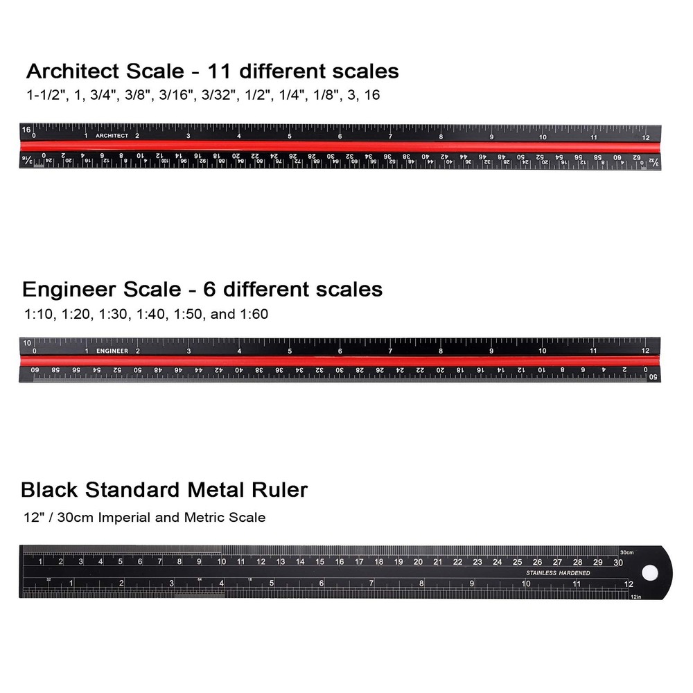 OwnMy 3 Pack 12 Inch Solid Aluminum Triangular Architect Scale Ruler Black