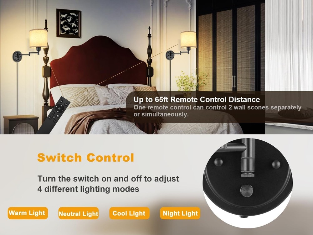 Plug in Wall Sconces W/ Remote Control Dimming 10%-100% & Adjustable Colors