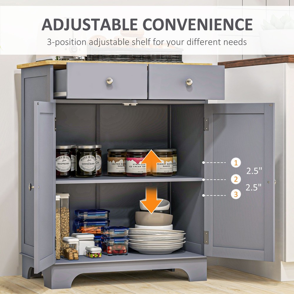 Gray Sideboard Buffet Cabinet 2 Drawers Adjustable Shelf Kitchen Storage