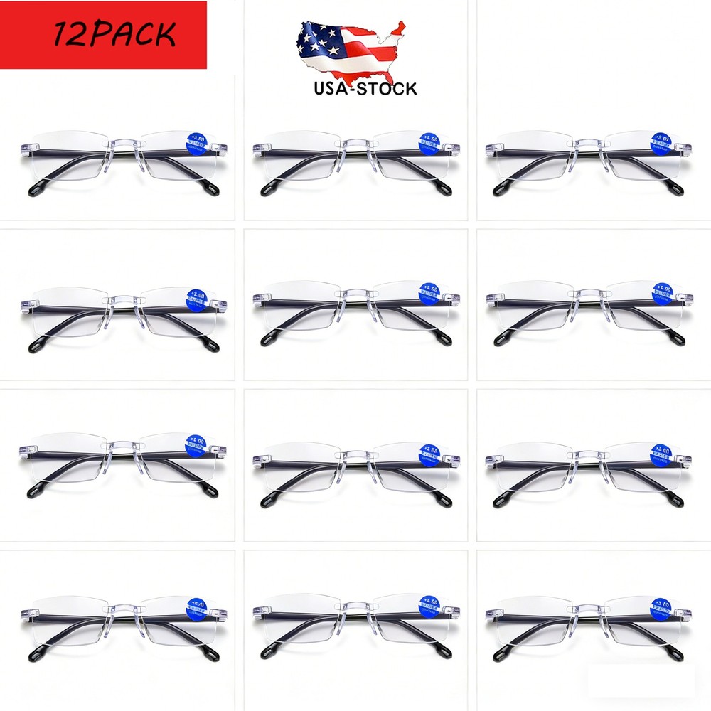 12PK Mens Rectangular Rimless Blue Light Blocking Reading Glasses Unisex Readers