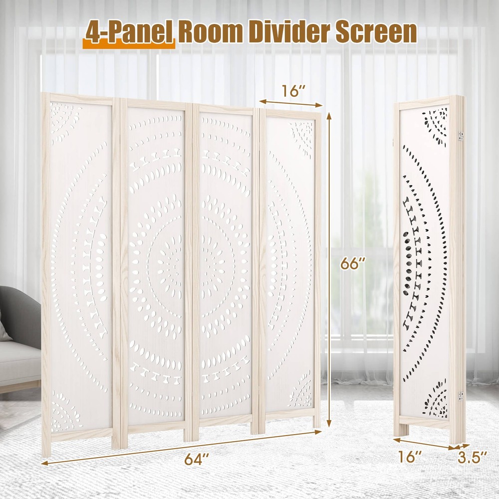 66" Boho 4-Panel Room Divider with Carved Pattern & Solid Wood Frame 360° Hinges