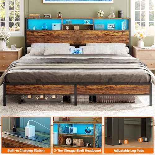 King Size Headboard with Storage, USB Ports, LED Light, Height Adjustable, Rusti