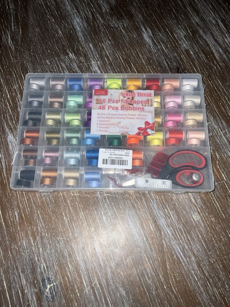 Le Paon, Sewing Thread, Kit, 46 Threads & Bobbins, Scissors, Thimble, Tape