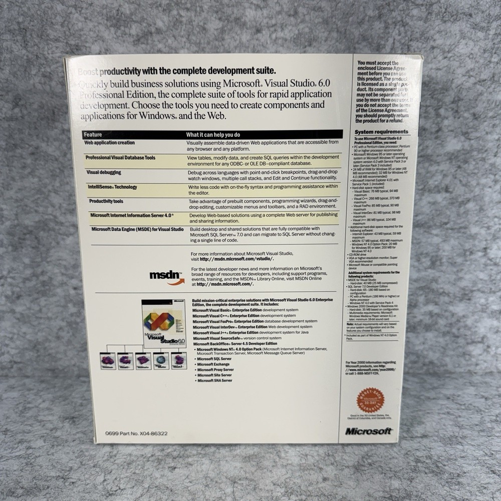 Microsoft Visual Basic Studio 6.0 Pro FoxPro C++ 659-00390 X04-86322 Software