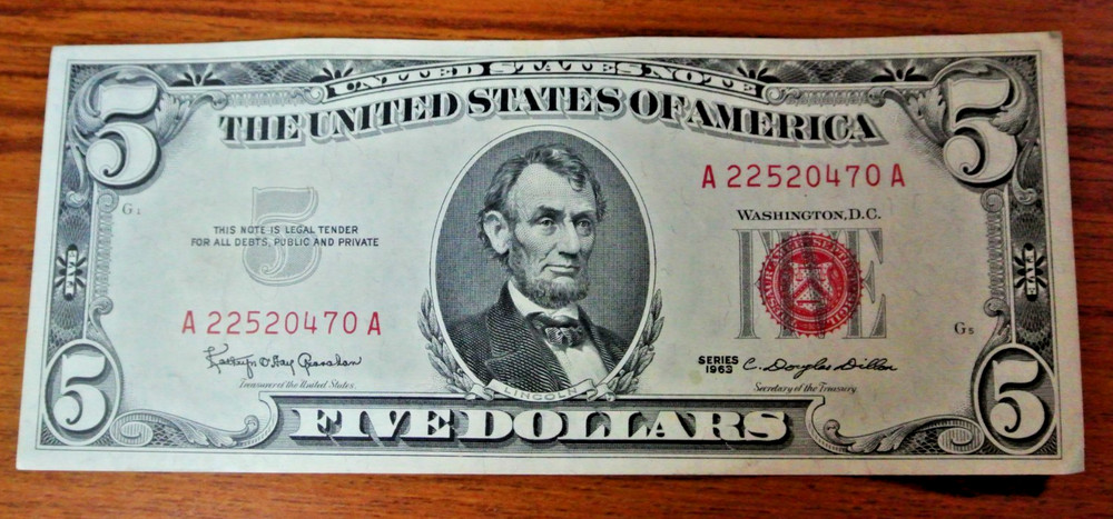 Series 1963 $5 Five Dollar Bill Red Seal Note AU