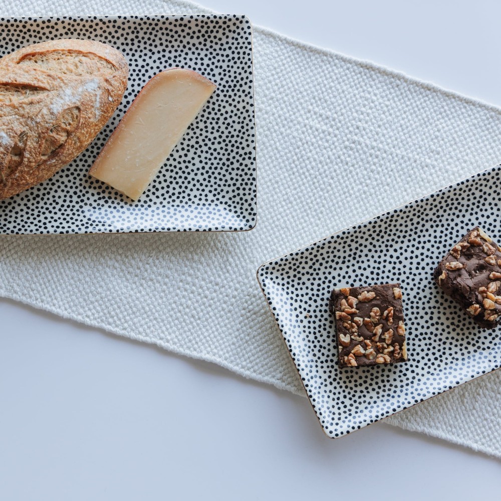 Stoneware Rectangular Serve Platter with Dots Design for Dining Kitchen