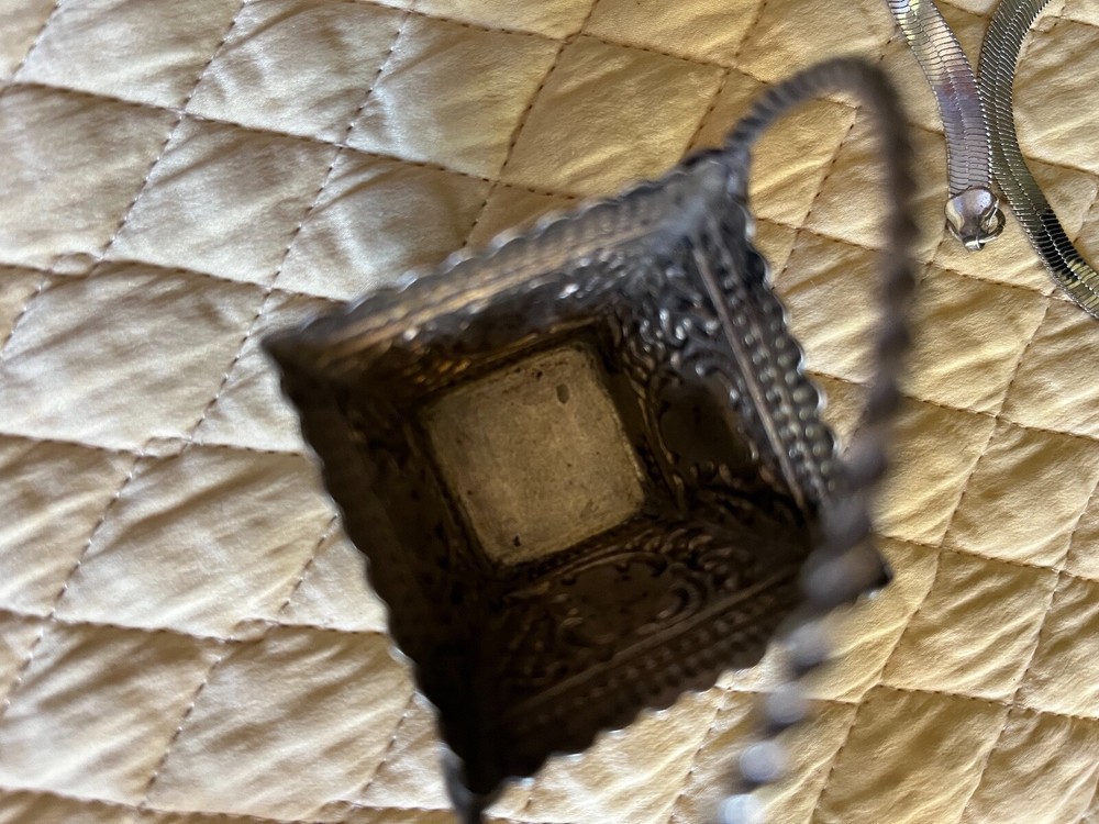 Antique small silver basket diagonal handle marks under almost 2 3/4 w handle