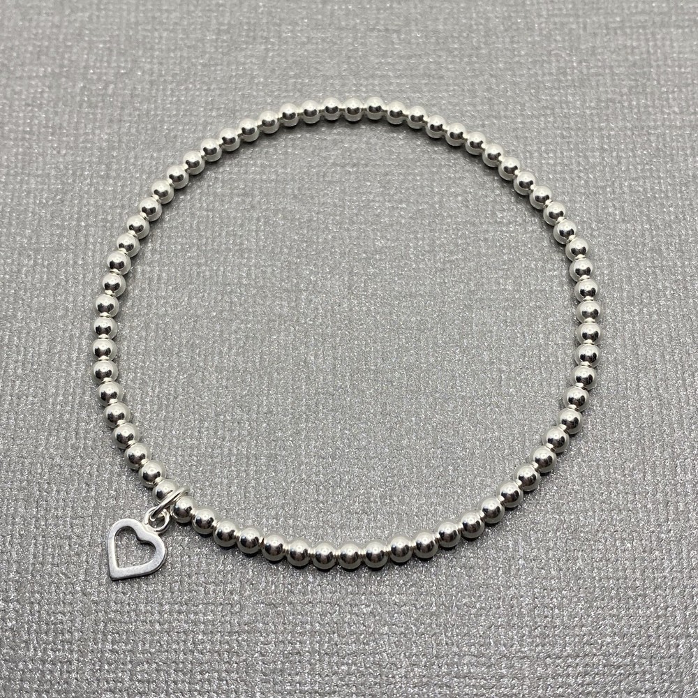 Teacher Gift Sterling Silver Bead Stacking Bracelet Open Heart Stretch Handmade