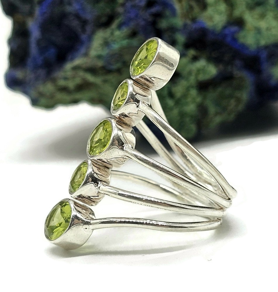 Five Stone Peridot Ring, Size 8.5, Sterling Silver, August Birthstone, Statement