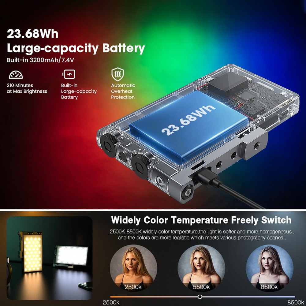 RGB Video Light Rechargeable LED Video Light Camera Light 2500-8500K APP Control
