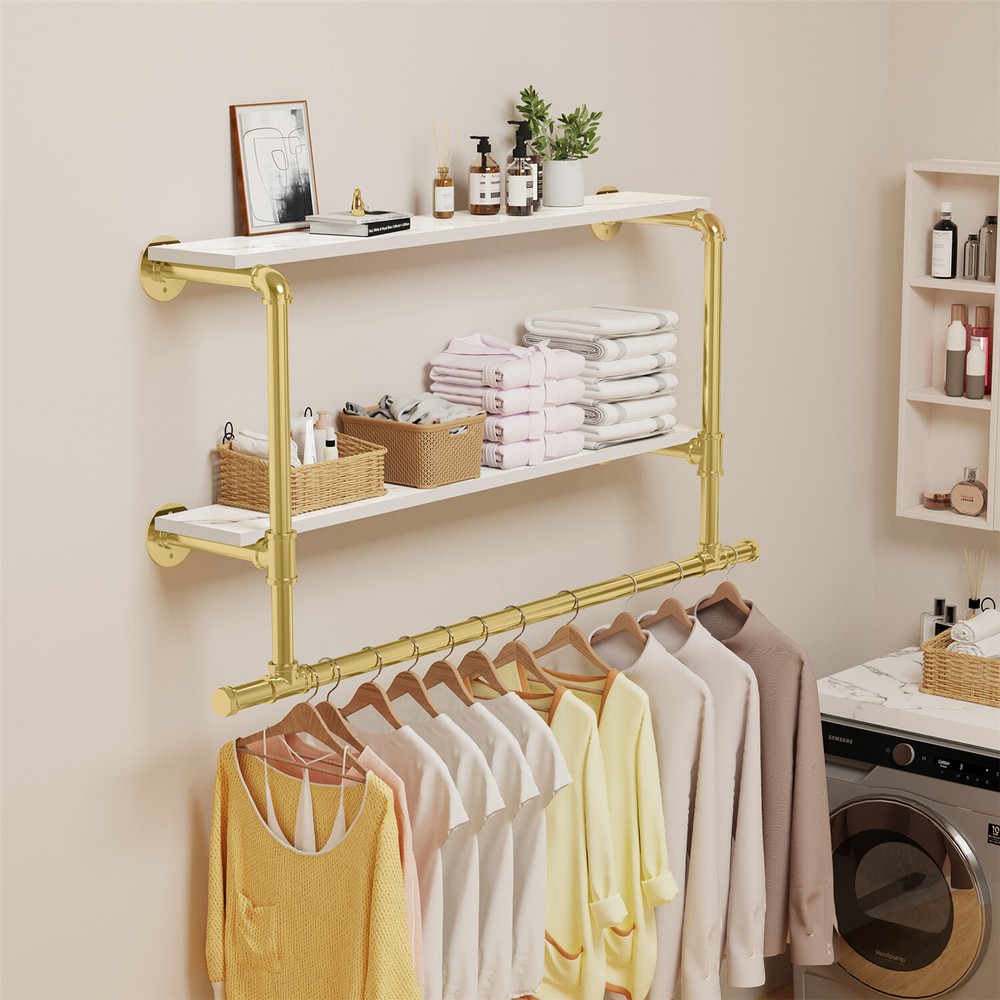 Saving Space Clothes Display Rack Wall-mounted with Hanging Rod for Laundry Room